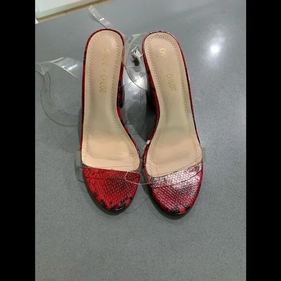 Chase + Chloe Lennon-1 Black Red Transparent Snake Sandals Block Heels Size 7 - Picture 2 of 4